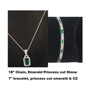 ✅ 925 Sterling Silver Set: Emerald Diamond Necklace & Matching Bracelet